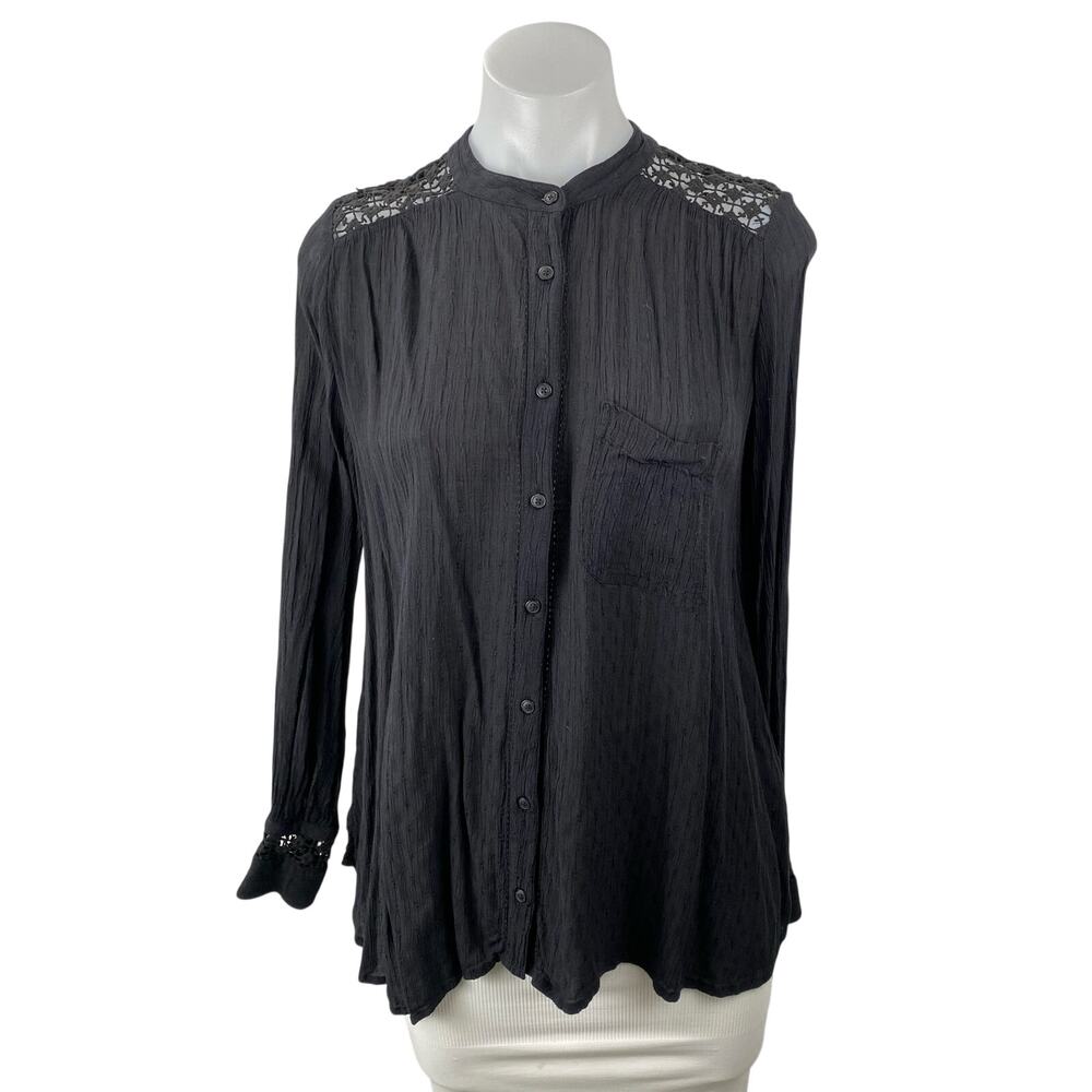 Free People The Best Black Floral Crochet Long Sleeve Button Down Shirt Top XS